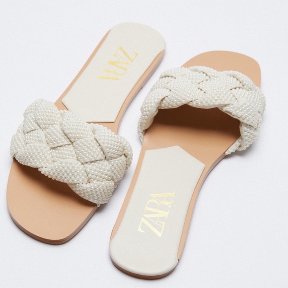 ZARA Pearl Beaded Knot Woven Slides Sandals - Picture 1 of 4